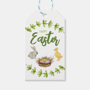 Happy Easter, bunny, duck, eggs in basket Gift Tags
