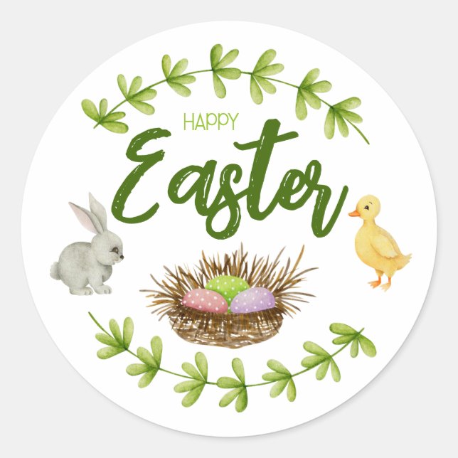 Happy Easter, bunny, duck, eggs in basket Sticker (Front)