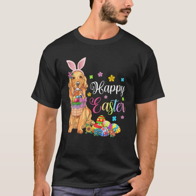 Happy Easter Bunny Ear Golden Retriever Eggs Baske T-Shirt (Front)
