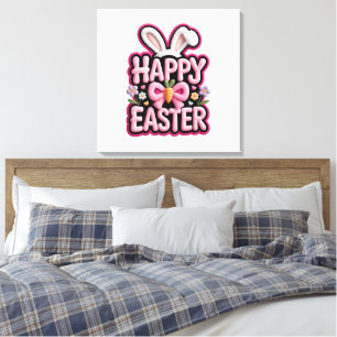 Happy Easter Bunny Ears Cute Carrot Bow Funny East Canvas Print