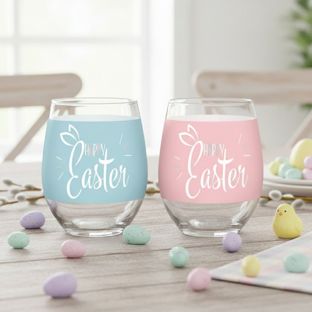 Happy Easter Bunny Ears Cute Pink And Blue Retro Stemless Wine Glass (Happy Easter Bunny Ears Cute Pink And Blue Retro Stemless Wine Glass)