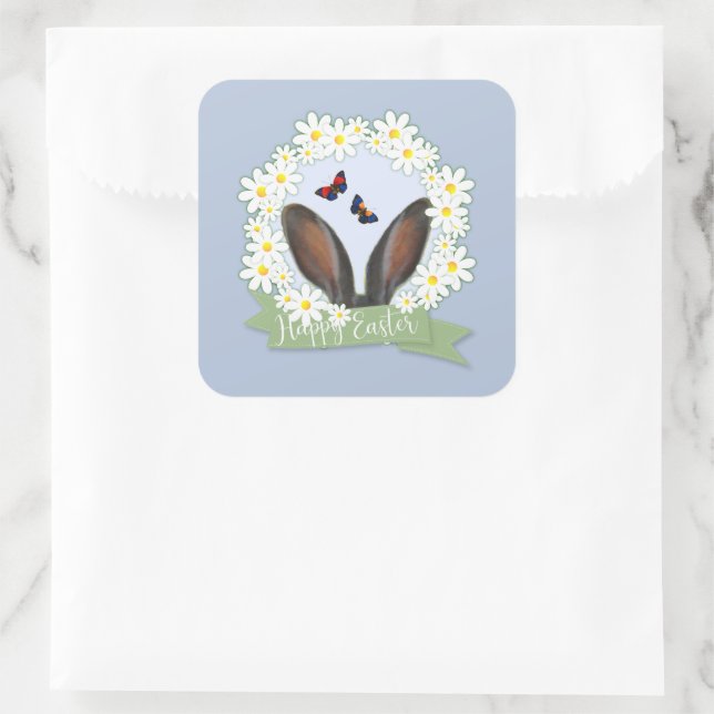 Happy Easter Bunny Ears Daisies Wreath Square Sticker (Bag)