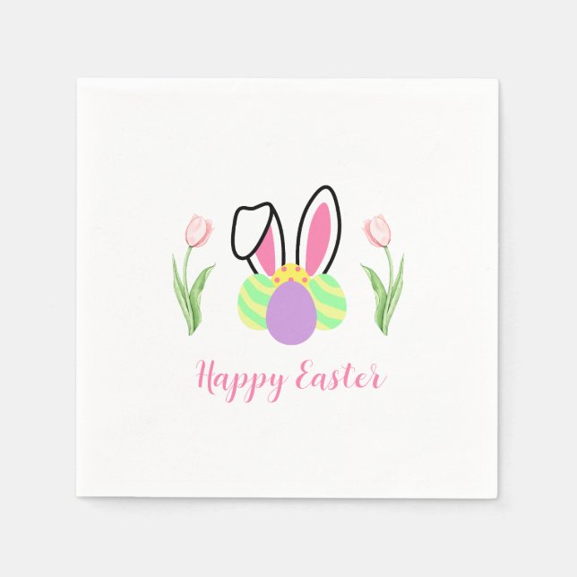 Happy Easter Bunny Ears Eggs and Pink Tulips Napkin (Front)
