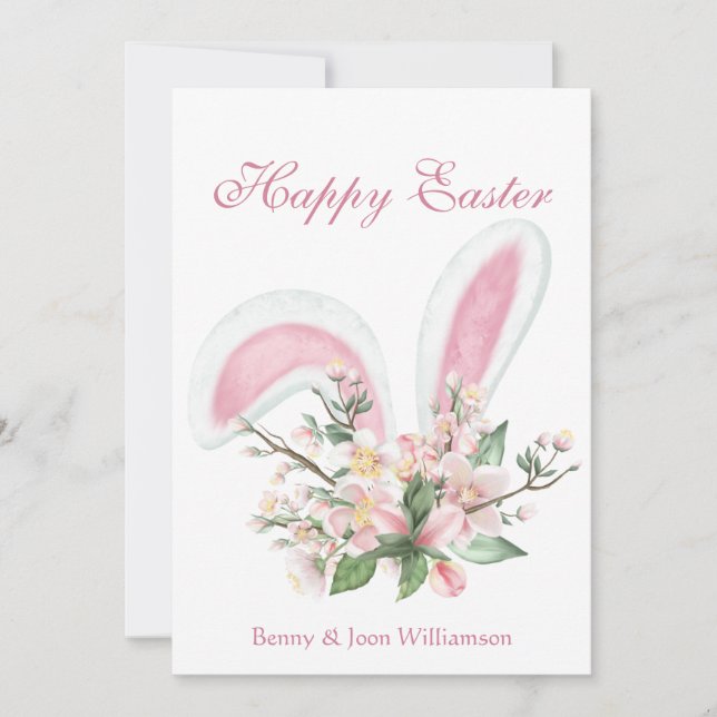 Happy Easter Bunny Ears Floral Greeting Holiday Card (Front)