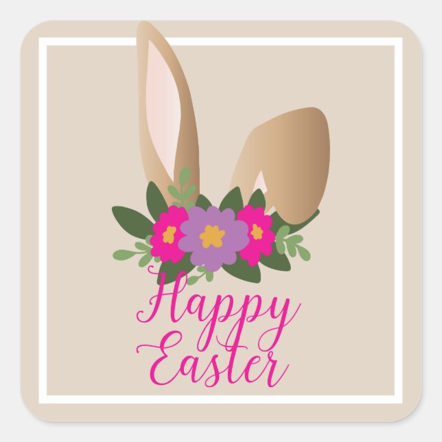 Happy Easter! Bunny Ears Floral  Square Sticker (Front)