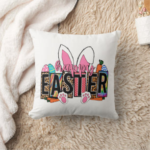 Happy Easter Bunny Ears Leopard Print Plaid Graphi Cushion