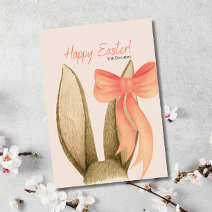 Happy Easter Bunny Ears Peach Bow Greeting Card
