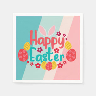 Happy Easter Bunny Ears Pink Blue Eggs Napkin