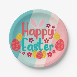 Happy Easter Bunny Ears Pink Blue Eggs Paper Plate