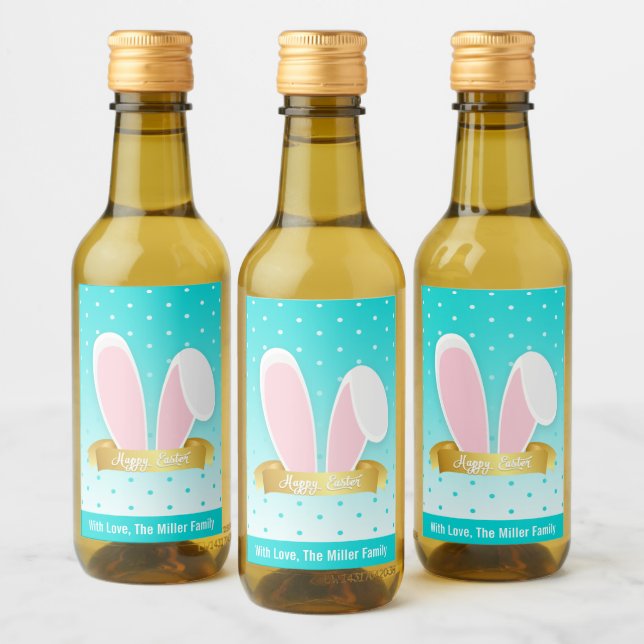 Happy Easter Bunny Ears Teal Mini Wine Label Set (Bottles)