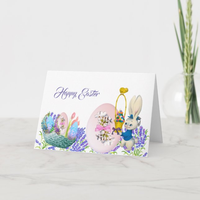 Happy Easter Bunny Egg Basket Lilac Elegant Card (Front)