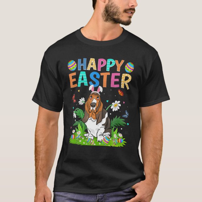 Happy Easter Bunny Egg Funny Basset Hound Dog East T-Shirt (Front)