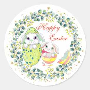 Happy Easter Bunny Egg Green Wreath Foliage Classic Round Sticker