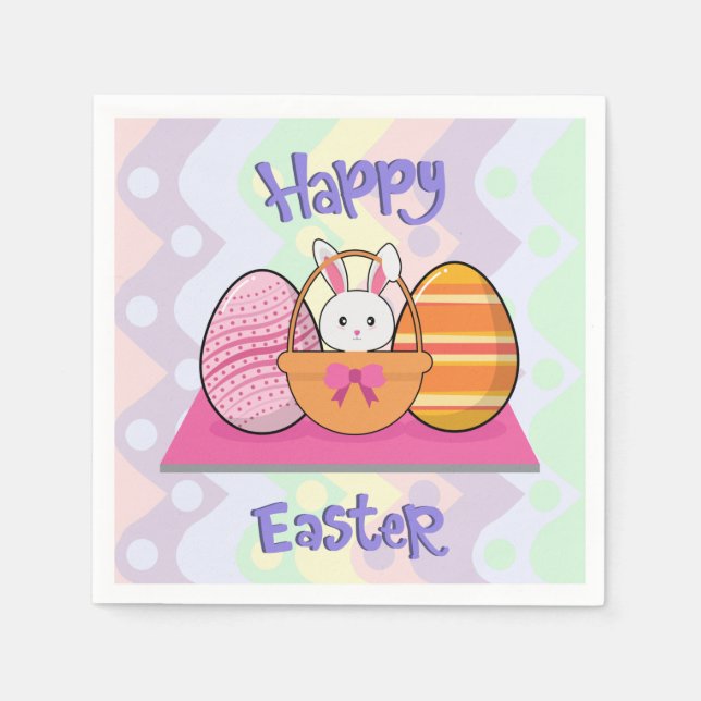 Happy Easter Bunny Eggs Basket Cute Easter Napkin (Front)