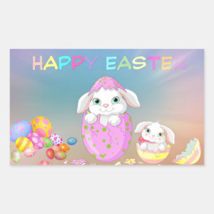 HAPPY EASTER Bunny Eggs Colours Favour Gift Rectangular Sticker