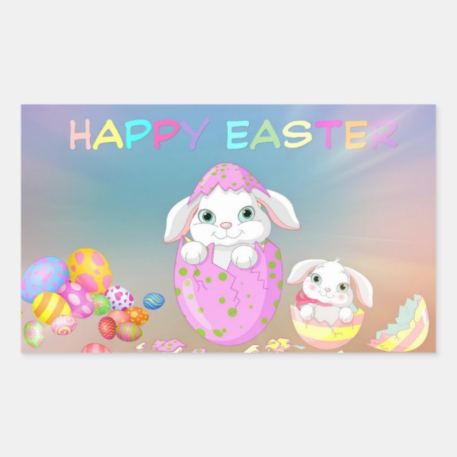 HAPPY EASTER Bunny Eggs Colours Favour Gift Rectangular Sticker (Front)