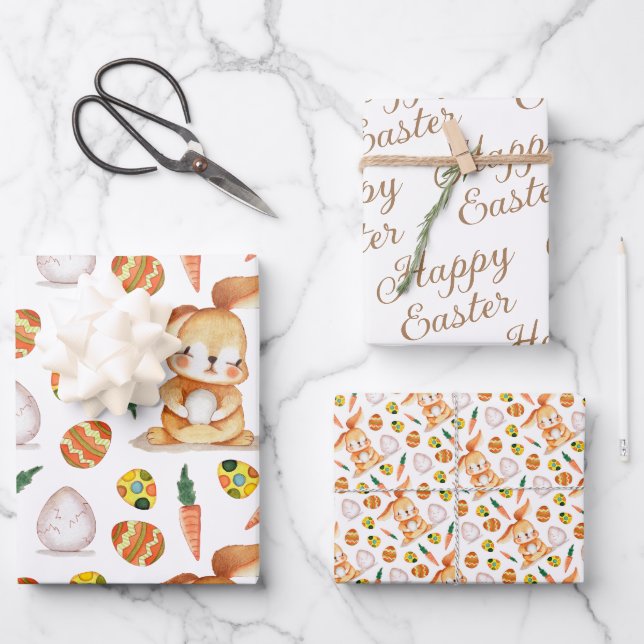 Happy Easter, Bunny & Eggs Coordinated Wrapping Paper Sheet (Front)