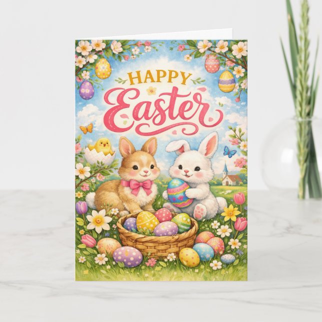 Happy Easter Bunny Eggs Garden Holiday Card (Front)