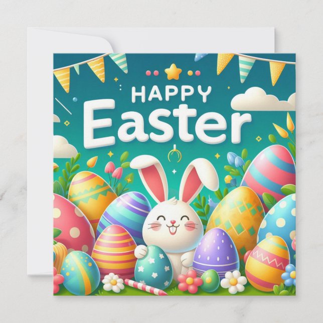Happy Easter - Bunny Eggs in Pastel Colours Holiday Card (Front)