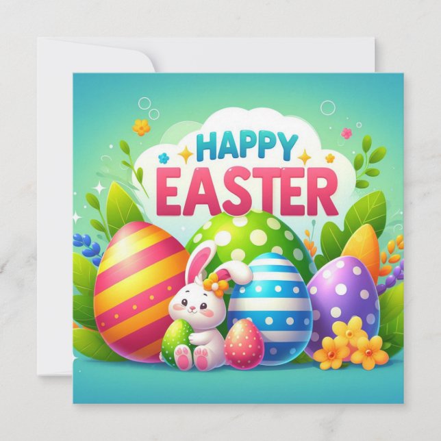 Happy Easter - Bunny Eggs in Pastel Colours Holiday Card (Front)