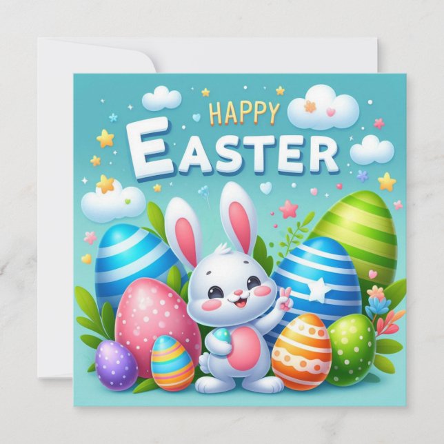 Happy Easter - Bunny Eggs in Pastel Colours Holiday Card (Front)