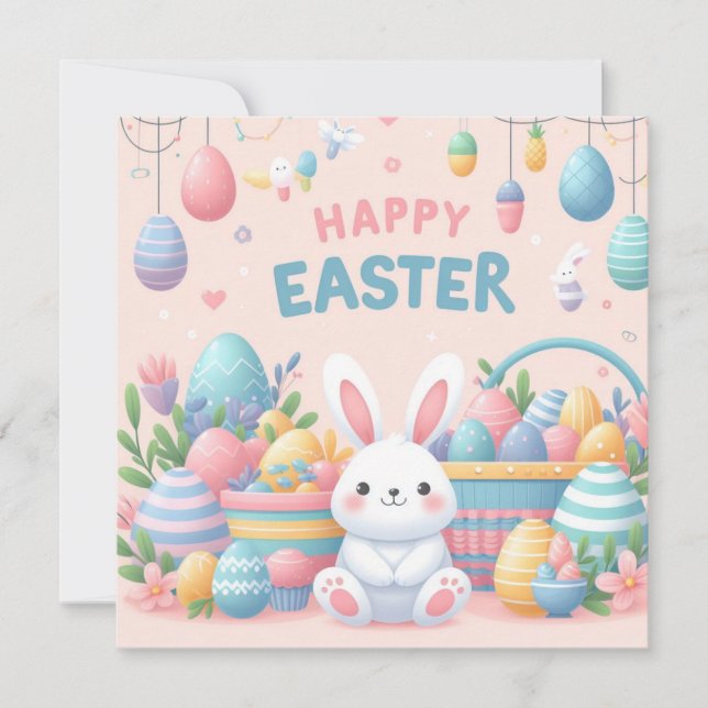 Happy Easter - Bunny Eggs in Pastel Colours Holiday Card (Front)