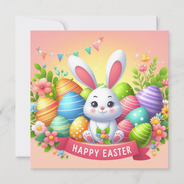 Happy Easter - Bunny Eggs in Pastel Colours Holiday Card (Front)