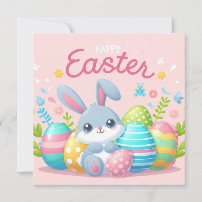 Happy Easter - Bunny Eggs in Pastel Colours Holiday Card (Front)