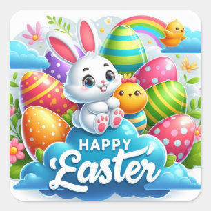 Happy Easter - Bunny Eggs in Pastel Colours Square Sticker