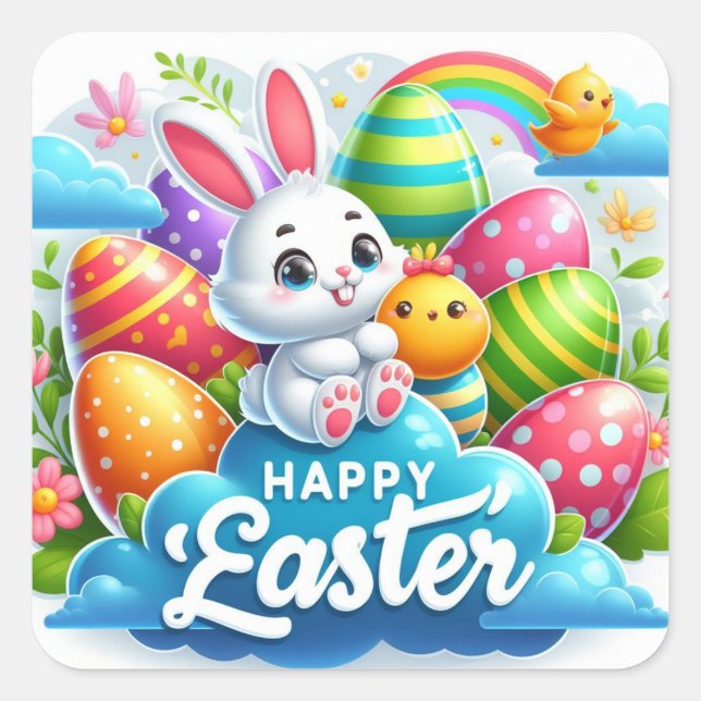 Happy Easter - Bunny Eggs in Pastel Colours Square Sticker (Front)