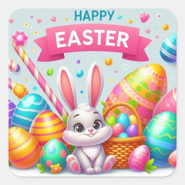 Happy Easter - Bunny Eggs in Pastel Colours Square Sticker (Front)