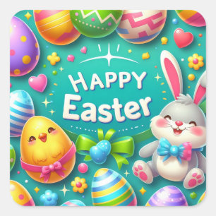 Happy Easter - Bunny Eggs in Vibrant Colours Square Sticker