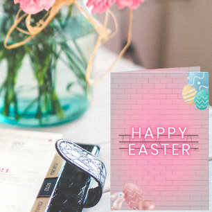 Happy Easter Bunny Eggs Pink Neon Sign Folded Card