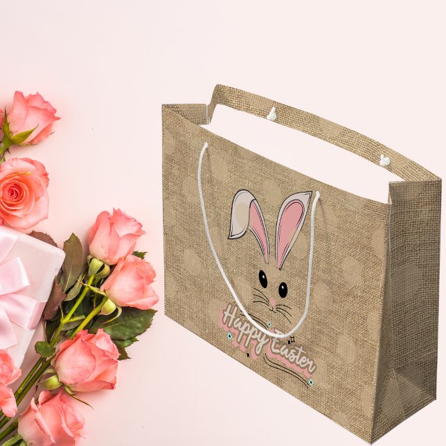 Happy Easter Bunny Face Neutral Polka Dots Large Gift Bag (Creator Uploaded)