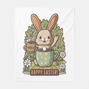 Happy Easter Bunny Floral Egg Hunting Coffee Lover Fleece Blanket