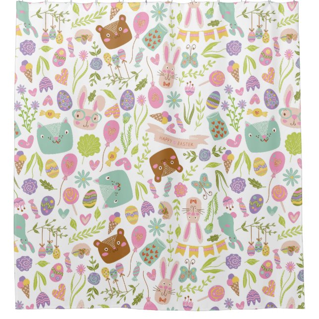 Happy Easter Bunny Floral Pattern Shower Curtain (Front)