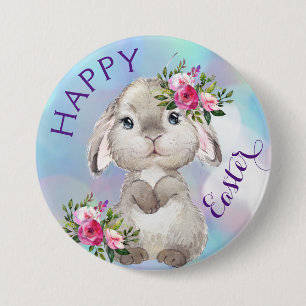 Happy Easter Bunny Flowers Button