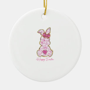 Happy Easter Bunny Girls Easter Women Pink Floral  Ceramic Tree Decoration