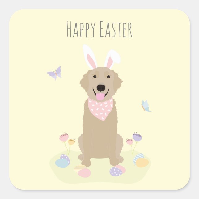 Happy Easter Bunny Golden Retriever Square Sticker (Front)