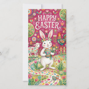 Happy Easter Bunny Holding Decorated Egg Holiday Card