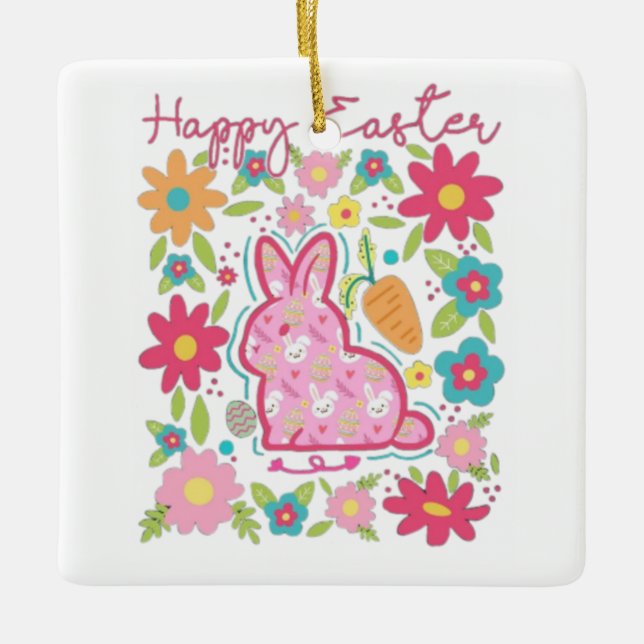 Happy Easter Bunny Illustration Ceramic Ornament (Front)