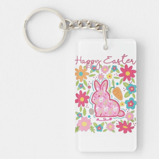 Happy Easter Bunny Illustration Key Ring (Front)