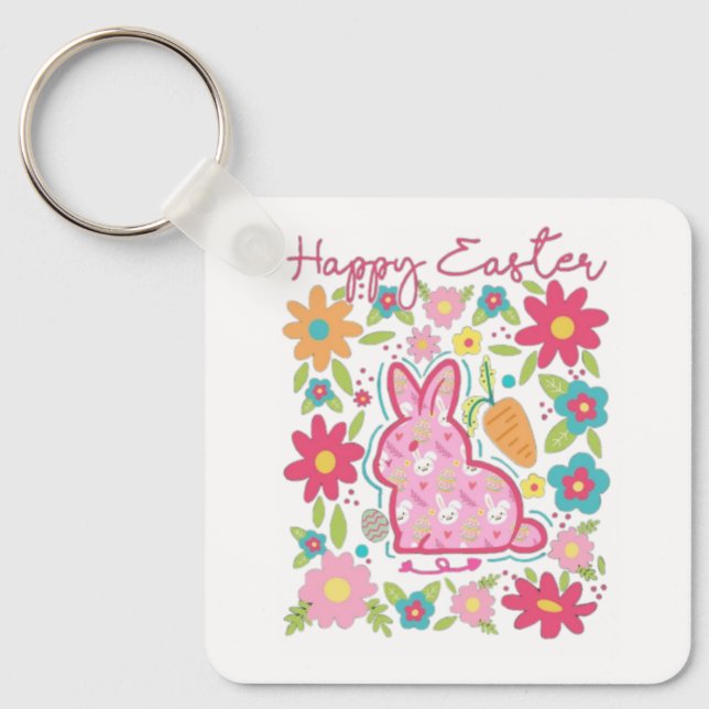 Happy Easter Bunny Illustration Key Ring (Front)