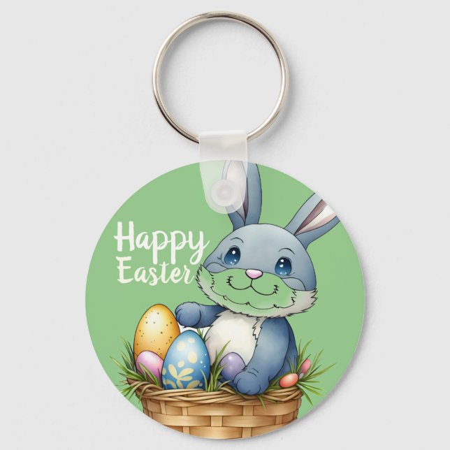 Happy Easter, Bunny In Egg Basket Key Ring (Front)