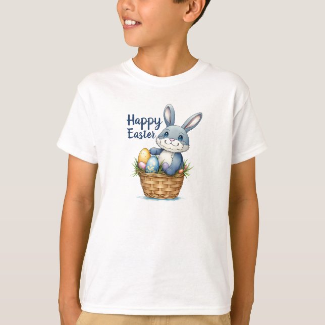 Happy Easter, Bunny In Egg Basket  Kids T-Shirt (Front)