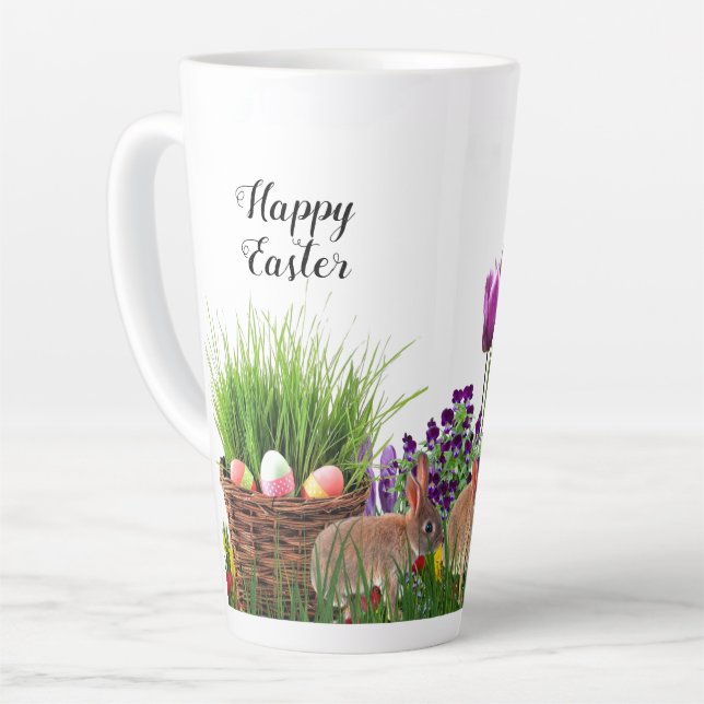 Happy Easter Bunny in Tulip Garden  Latte Mug (Left Angle)