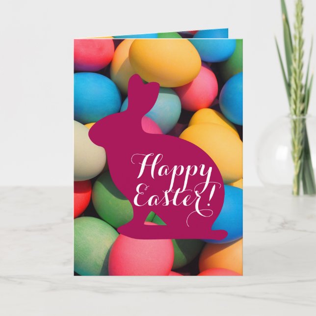 Happy Easter Bunny Multicolored Eggs Holiday Card (Front)