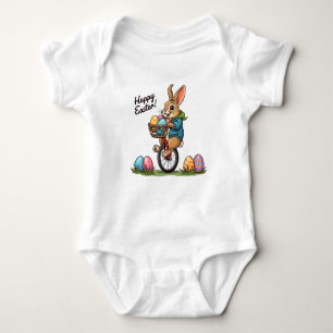 Happy Easter Bunny on a Unicycle with basket of Eg Baby Bodysuit