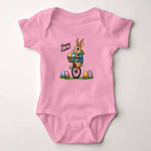 Happy Easter Bunny on a Unicycle with basket of Eg Baby Bodysuit