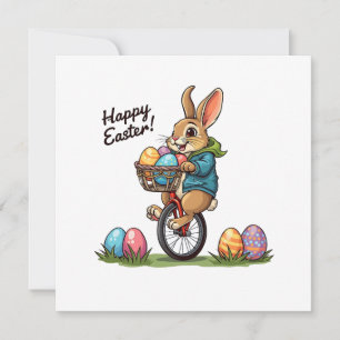 Happy Easter Bunny on a Unicycle with basket of Eg Invitation